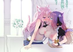 Rule 34 | 2girls, :q, ahoge, animal ear fluff, animal ears, apron, arashiya, asymmetrical docking, belt, black dress, black tank top, blue eyes, blue skirt, blush, breast press, breasts, breasts out, cat ears, cat girl, cat tail, cleaning, cleavage, cloth, clothes lift, dress, eye contact, face-to-face, glasses, hair ornament, hairclip, hand on another&#039;s chin, highres, indie virtual youtuber, jawafflee, large breasts, leaning forward, long hair, looking at another, maid, midriff, miniskirt, multiple girls, navel, nipples, no bra, nyatasha nyanners, open clothes, open dress, pink eyes, pink hair, ponytail, purple hair, shirt lift, short sleeves, skirt, smile, tail, tank top, tongue, tongue out, upper body, very long hair, virtual youtuber, vshojo, waist apron, white apron, yuri