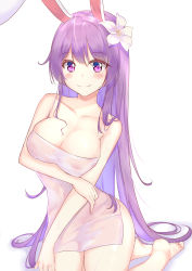 Rule 34 | 1girl, absurdres, animal ears, arm under breasts, bare shoulders, barefoot, blush, breasts, cleavage, closed mouth, collarbone, covered navel, diving penguin, feet, flower, hair flower, hair ornament, highres, kneeling, large breasts, lily (flower), long hair, looking at viewer, naked towel, purple eyes, purple hair, rabbit ears, reisen udongein inaba, simple background, smile, solo, toes, touhou, towel, very long hair, white background, white flower