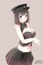 Rule 34 | 10s, 1girl, 2014, \||/, akitsu maru (kancolle), alternate costume, bad id, bad pixiv id, bare shoulders, black eyes, black hair, black skirt, blush, breasts, cleavage, dated, hat, highres, kantai collection, large breasts, long hair, military hat, open mouth, peaked cap, pink background, pleated skirt, signature, simple background, skirt, solo, tebi (tbd11), upper body