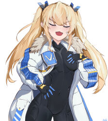 1girl bandaid bandaid_on_cheek bandaid_on_face black_bodysuit blonde_hair blue_eyes blush bodysuit breasts coat fang fur_trim goddess_of_victory:_nikke highres laplace_(nikke) long_hair looking_at_viewer open_mouth sanll_lu sidelocks smile solo twintails white_coat