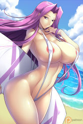 Rule 34 | 1girl, areola slip, bikini, blue sky, braid, breasts, cloud, day, fate/grand order, fate/stay night, fate (series), forehead, haganef, hair intakes, large breasts, long hair, medusa (fate), medusa (rider) (fate), ocean, outdoors, purple eyes, purple hair, sky, slingshot swimsuit, solo, standing, swimsuit, very long hair