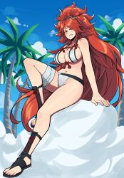 1girl absurdres aneurysm_ax arm_support baiken bikini black_footwear breasts cleavage commission feet guilty_gear highres knee_up large_breasts legs long_hair micro_bikini navel one_eye_closed red_eyes red_hair sandals scar scar_across_eye sitting solo swimsuit toenails toes very_long_hair white_bikini