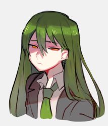 Rule 34 | 1boy, black jacket, blouse, closed mouth, collared shirt, cropped torso, eyebrow cut, formal, green hair, green necktie, grey background, hair between eyes, half-closed eyes, jacket, kureson (hayama baa), lobotomy corporation, long hair, looking at viewer, male focus, necktie, netzach (project moon), open clothes, open jacket, orange eyes, project moon, shirt, sidelocks, simple background, sketch, solo, suit, upper body, white shirt