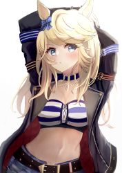 Rule 34 | 1girl, absurdres, animal ears, arms behind head, arms up, bandeau, belt, black belt, black choker, black jacket, blonde hair, blue bow, blue eyes, blue nails, blush, bow, breasts, choker, cleavage, gold city (umamusume), hair bow, highres, horse ears, jacket, long hair, long sleeves, looking at viewer, medium breasts, midriff, nail polish, navel, open clothes, open jacket, red nails, simple background, solo, stomach, strapless, striped bandeau, swept bangs, taguchi yuu, tube top, umamusume, upper body, white background