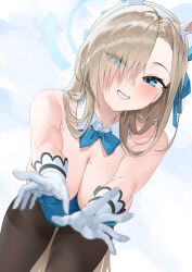 Rule 34 | absurdres, animal ears, asuna (blue archive), asuna (bunny) (blue archive), bare shoulders, black pantyhose, blue archive, blue bow, blue bowtie, blue eyes, blue leotard, blue ribbon, blush, bow, bowtie, breasts, cleavage, commentary, detached collar, fake animal ears, gloves, hair over one eye, hair ribbon, hanging breasts, highres, large breasts, leotard, light brown hair, long hair, looking at viewer, mole, mole on breast, moobong, outstretched hand, pantyhose, playboy bunny, rabbit ears, ribbon, simple background, smile, standing, symbol-only commentary, very long hair, white background, white gloves