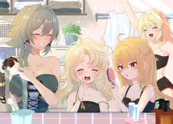 4girls ahoge bathroom blonde_hair blush braiding_hair breasts brushing_another&#039;s_hair brushing_hair burnice_white caesar_king_(zenless_zone_zero) grey_hair hair_down hairdressing highres large_breasts long_hair luciana_de_montefio mirror multiple_girls partially_undressed piper_wheel prosthesis prosthetic_arm red_eyes ruaruayana smile toothbrush towel yawning zenless_zone_zero