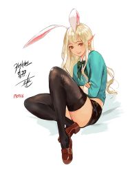 Rule 34 | 1girl, 2017, animal ears, black shorts, black thighhighs, blonde hair, bow, bowtie, breasts, brown eyes, brown footwear, brown thighhighs, collared shirt, crossed arms, dated, fingernails, green bow, green bowtie, green shirt, knee up, loafers, long hair, long sleeves, original, pointy ears, rabbit ears, shirt, shoes, short shorts, shorts, sidelocks, signature, simple background, sitting, sleeves past elbows, small breasts, smile, solo, takssmask, thighhighs, white background