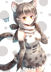 Rule 34 | 10s, 1girl, absurdres, animal ears, black hair, blush, cat ears, cat tail, gloves, grey hair, highres, iriomote cat (kemono friends), japari symbol, kanzakietc, kemono friends, multicolored hair, scarf, simple background, solo, tail, thighhighs, white background, white hair, yellow eyes