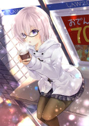Rule 34 | 1girl, black-framed eyewear, blue eyes, brand name imitation, brown pantyhose, coat, dutch angle, fate/grand order, fate (series), glasses, hair between eyes, highres, holding, hood, hooded coat, iroha (shiki), mash kyrielight, mash kyrielight (fgo x lawson), miniskirt, official alternate costume, open mouth, outdoors, pantyhose, pleated skirt, short hair, silver hair, sitting, skirt, solo, steam, white coat