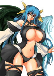 Rule 34 | 1girl, amano mokuzu, arc system works, bare shoulders, blue hair, bow, breasts, cleavage, dizzy (guilty gear), female focus, guilty gear, hair bow, large breasts, long hair, midriff, mokuzu120, red eyes, simple background, solo, standing, thighhighs, underboob, white background, wings