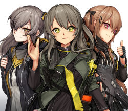 Rule 34 | 3girls, brown eyes, brown hair, commentary request, fingerless gloves, girls&#039; frontline, gloves, green eyes, grey hair, gun, h&amp;k ump, hair between eyes, hair ornament, hairclip, heckler &amp; koch, highres, holding strap, jacket, long hair, looking at viewer, multiple girls, one side up, parted lips, randle, scar, scar across eye, scar on face, smile, star-shaped pupils, star (symbol), strap, submachine gun, symbol-shaped pupils, thumbs up, trigger discipline, twintails, ump40 (girls&#039; frontline), ump45 (girls&#039; frontline), ump9 (girls&#039; frontline), upper body, walkie-talkie, waving, weapon, white background