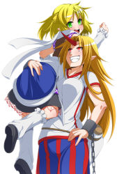 Rule 34 | 2girls, blonde hair, carrying over shoulder, chain, cuffs, eichi yuu, green eyes, grin, hand on own ass, hoshiguma yuugi, mizuhashi parsee, multiple girls, open mouth, pointy ears, red eyes, scarf, shackles, shirt, skirt, smile, touhou