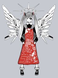 Rule 34 | 1girl, acky bright, collared shirt, dress, eyepatch, gradient hair, grey background, halo, highres, long sleeves, mechanical halo, mechanical parts, mechanical wings, multicolored hair, original, red dress, shirt, simple background, skull and crossbones, sound effects, twintails, wings