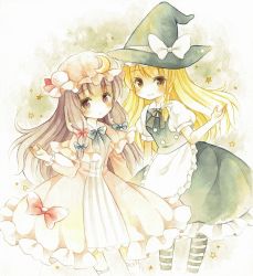 Rule 34 | 2girls, apron, blonde hair, blush, bow, braid, brown eyes, capelet, crescent, dress, frills, hair bow, hair ornament, hat, hat ribbon, kagome f, kirisame marisa, long hair, long sleeves, looking at viewer, mob cap, multiple girls, painting (medium), pantyhose, patchouli knowledge, puffy sleeves, purple eyes, purple hair, ribbon, short sleeves, side braid, single braid, smile, star (symbol), striped clothes, striped legwear, striped pantyhose, thighhighs, touhou, traditional media, watercolor (medium), witch hat