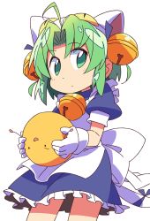 Rule 34 | 1girl, 1other, animal hat, apron, back bow, bell, bow, cat hat, cat tail, dejiko, di gi charat, gema, gloves, green eyes, green hair, hair bell, hair ornament, hat, highres, holding, jingle bell, maid, maid apron, ribbon, roku no hito, simple background, tail, tail ornament, tail ribbon, white gloves