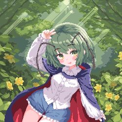 Rule 34 | 1girl, 999 (hansode), antennae, arm up, black cape, blue shorts, blush, breasts, bush, buttons, cape, collared shirt, commentary, day, feet out of frame, flower, forest, frilled shorts, frilled sleeves, frills, green eyes, green hair, light rays, long sleeves, looking at viewer, nature, open mouth, outdoors, pixel art, red cape, shirt, short hair, shorts, small breasts, smile, solo, touhou, tree, two-sided cape, two-sided fabric, w, white shirt, wriggle nightbug, yellow flower
