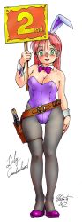 Rule 34 | 10s, 1girl, 2012, bare shoulders, black pantyhose, bow, bowtie, breasts, character name, cleavage, commentary request, dated, detached collar, green eyes, gun, handgun, high heels, highres, holding, holding sign, holster, large breasts, leotard, lily camberland, long hair, no bra, original, pantyhose, pistol, playboy bunny, red hair, revolver, round girl, sign, skindentation, solo, standing, thigh gap, weapon, wrist cuffs, yabataso