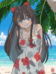 Rule 34 | 1girl, absurdres, arms behind back, artist logo, beach, black hair, blue eyes, bow, braided sidelock, breasts, cleavage, closed mouth, coconut tree, commentary request, commission, cowboy shot, day, dress, floral print, hair bow, hair ornament, heart, heart hair ornament, highres, long hair, looking at viewer, mashiro ka, medium breasts, ocean, original, outdoors, palm tree, red bow, skeb commission, sky, sleeveless, sleeveless dress, solo, summer, tree, watermark
