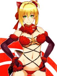 Rule 34 | 10s, 1girl, alternate color, animal ears, bare shoulders, breasts, cleavage, cosplay, elbow gloves, fate/extra, fate/grand order, fate (series), gloves, green eyes, halloween costume, hands on own hips, highres, mash kyrielight, mash kyrielight (dangerous beast), mash kyrielight (dangerous beast) (cosplay), medium breasts, navel, nero claudius (fate), nero claudius (fate) (all), nero claudius (fate/extra), nirai kanai, official alternate costume, shielder (fate/grand order) (cosplay), simple background, solo, white background, wolf ears