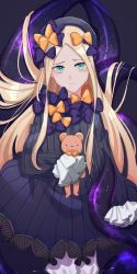 Rule 34 | 1girl, abigail williams (fate), black background, black dress, black hat, blonde hair, blue eyes, bow, dress, fate/grand order, fate (series), frown, gina 61324, hair bow, hat, holding, holding stuffed toy, long hair, looking at viewer, multiple hair bows, orange bow, pants, pants under dress, parted bangs, polka dot, polka dot bow, purple bow, short dress, sleeves past fingers, sleeves past wrists, solo, standing, stuffed animal, stuffed toy, teddy bear, tentacles, very long hair, white pants