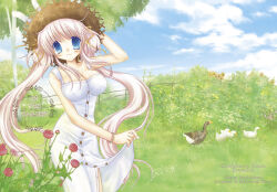 Rule 34 | 1girl, animal, arm behind head, arm up, artist name, bare shoulders, bird, blue eyes, blue sky, blush, bracelet, breasts, brown hat, buttons, closed mouth, clothes lift, cloud, day, dress, dress lift, duck, flower, goose, grass, hair ribbon, hat, jewelry, large breasts, lifting own clothes, long hair, looking at viewer, mabinogi, nao (mabinogi), official alternate costume, outdoors, red flower, ribbon, shararan, sidelocks, sky, smile, solo, straw hat, sunflower, tree, twintails, very long hair, white dress, white hair, yellow flower, yellow ribbon