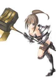 Rule 34 | 1girl, armor, brown hair, fantasy earth zero, kazuki ren, polearm, solo, thighhighs, war hammer, warhammer, weapon