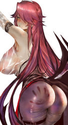 Rule 34 | 1girl, absurdres, ass, bare shoulders, blush, breasts, closed mouth, curvy, detached sleeves, fishnets, from behind, genshin impact, hair over one eye, handprint, highres, large breasts, nun, olalehee, red hair, rosaria (genshin impact), see-through, sideboob, thigh strap, tight clothes, two-tone dress, white background, yellow eyes