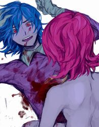 Rule 34 | 1boy, 1girl, babibu baby, bags under eyes, blood, blood on clothes, blood on face, blue hair, chinchikurin (masuda wakako), clothed male nude female, collared shirt, dutch angle, facing another, facing away, flipped hair, from above, fuwa niina, girl on top, gloves, grey gloves, hand on own head, highres, kure seito, long sleeves, looking at another, lying, medium hair, nervous sweating, nude, on back, pink hair, purple shirt, red eyes, scared, shirt, simple background, sweat, upper body, white background