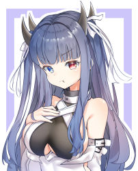 Rule 34 | 1girl, azur lane, bad id, bad pixiv id, bare shoulders, blue eyes, blue hair, blush, breasts, cleavage, commentary request, heterochromia, highres, horns, ibuki (azur lane), large breasts, long hair, long sleeves, looking at viewer, multiple horns, poppypilf, pout, red eyes, sidelocks, solo, upper body, very long hair