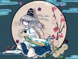 Rule 34 | 1girl, blue eyes, branch, cloud, expressionless, flower, full body, full moon, grey hair, hair between eyes, hat, japanese clothes, kariginu, kneeling, long sleeves, looking at viewer, md5 mismatch, mononobe no futo, moon, parted lips, resized, resolution mismatch, ribbon, ribbon-trimmed sleeves, ribbon trim, shioya mutsu, short hair, skirt, solo, source smaller, tate eboshi, touhou, upscaled, wide sleeves