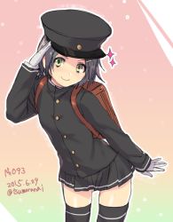 Rule 34 | 10s, 1girl, 2015, akitsu maru (kancolle), akitsu maru (kancolle) (cosplay), artist name, backpack, bag, black hair, black thighhighs, cosplay, dated, gloves, gradient background, green eyes, hair ornament, hairclip, hat, image sample, imperial japanese army, kantai collection, kuroshio (kancolle), looking at viewer, md5 mismatch, military, military uniform, natsuhiko, peaked cap, pleated skirt, randoseru, resized, salute, short hair, skirt, smile, solo, solo focus, sparkle, thighhighs, twitter username, uniform, white gloves