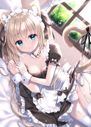 Rule 34 | 1girl, absurdres, animal ear fluff, animal ears, apron, bare shoulders, bed sheet, bell, black choker, black dress, blonde hair, blue eyes, blush, bow, bow panties, breasts, cat ears, cat girl, cat tail, choker, closed mouth, commentary request, curtains, day, dress, frilled apron, frilled choker, frills, garter straps, hair between eyes, hands up, highres, indoors, jingle bell, long hair, looking at viewer, lying, maid, neck bell, off shoulder, on side, original, own hands together, panties, puffy short sleeves, puffy sleeves, short sleeves, side-tie panties, small breasts, smile, solo, tail, thighhighs, twintails, uchuuneko, underwear, very long hair, white apron, white panties, white thighhighs, window, wrist cuffs