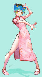Rule 34 | 1girl, absurdres, alternate costume, blue hair, china dress, chinese clothes, cone horns, double bun, dress, floral print, full body, green background, hair bun, hands up, highres, horns, itou kazuki, lum, pink dress, print dress, sandals, side slit, simple background, solo, standing, urusei yatsura, yellow eyes