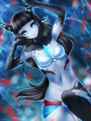Rule 34 | 1girl, animal ears, artist name, black hair, black sclera, blue eyes, blue skin, blunt bangs, breasts, collarbone, colored sclera, colored skin, commentary, english commentary, facial mark, gigamessy, horns, long hair, looking at viewer, multicolored skin, navel, original, small breasts, solo, stomach, very long hair, water