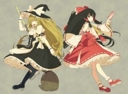 Rule 34 | 2girls, ascot, bad id, bad pixiv id, bare shoulders, black hair, blonde hair, boots, bow, broom, brown eyes, detached sleeves, female focus, hair bow, hair tubes, hakurei reimu, hat, hat bow, japanese clothes, kirisame marisa, long hair, mary janes, miko, multiple girls, ofuda, ogino (oginogino), one eye closed, open mouth, shoes, smile, touhou, wink, witch, witch hat, yellow eyes