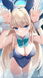 Rule 34 | 1girl, animal ears, aqua bow, aqua bowtie, blonde hair, blue archive, blue bow, blue bowtie, blue eyes, blue leotard, bow, bowtie, breasts, commentary request, detached collar, earpiece, fake animal ears, halo, highres, igayan, leotard, long hair, medium breasts, official alternate costume, playboy bunny, rabbit ears, solo, strapless, strapless leotard, thighhighs, toki (blue archive), toki (bunny) (blue archive), very long hair, white thighhighs, wrist cuffs