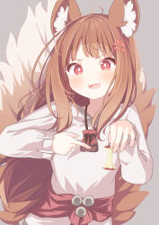 Rule 34 | 1girl, ahoge, anger vein, animal ears, apple, apple core, brown hair, commentary, daidai ookami, fangs, food, fruit, grey background, highres, holding, holo, long hair, long sleeves, open mouth, pointing, red eyes, shirt, simple background, solo, spice and wolf, tail, very long hair, white shirt, wolf ears, wolf girl, wolf tail