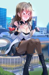 Rule 34 | 1girl, building, chicken (food), commission, food, giant, giantess, girls&#039; frontline, highres, k2 (girls&#039; frontline), pantyhose, solo