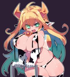 Rule 34 | 1girl, absurdres, animal ears, animal print, bikini, black background, blonde hair, blush, breasts, cow ears, cow girl, cow horns, cow print, cow print bikini, elbow gloves, elven forest maker, gloves, green eyes, green hair, highres, horns, large breasts, last origin, long hair, looking at viewer, multicolored hair, open mouth, print bikini, simple background, smile, solo, sweat, swimsuit, thighhighs, two-tone hair, zankuro