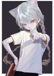 Rule 34 | 1girl, animal ears, artist name, black skirt, book, border, braid, cat ears, feiqizi (fkey), fkey, highres, holding, holding book, long hair, looking at viewer, original, pink hair, pointing, pointing at viewer, shirt, silver hair, simple background, skirt, solo, t-shirt, twin braids, upper body, white border, white shirt