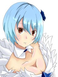Rule 34 | 1girl, blue hair, breasts, brown eyes, choker, cleavage, fairy tail, flower, highres, looking at viewer, short hair, simple background, solo, yukino aguria