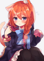 Rule 34 | 1girl, animal ears, black coat, blue bow, blush, bow, braid, brown hair, cat ears, cat girl, cat tail, coat, commentary request, dress, ebihara beniko, flying sweatdrops, frilled dress, frills, grey background, hair between eyes, hair over shoulder, hands up, highres, hood, hood down, hooded coat, kemonomimi mode, long hair, long sleeves, parted lips, princess connect!, purple eyes, simple background, sleeves past wrists, solo, tail, tail raised, twin braids, white dress, yuni (princess connect!)