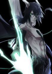 Rule 34 | 1boy, black background, bleach, colored sclera, commentary, demon boy, demon horns, glowing, glowing weapon, green sclera, highres, hishui prpr, holding, holding polearm, holding weapon, hole in chest, hole on body, horns, looking at viewer, male focus, polearm, simple background, solo, symbol-only commentary, tail, topless male, ulquiorra cifer, weapon, yellow eyes