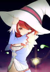 Rule 34 | 1girl, baba yaga (lord of vermilion), bad id, bad pixiv id, blush, breasts, cleavage, detached sleeves, eyepatch, hat, lantern, long hair, looking at viewer, lord of vermilion, md5 mismatch, navel, red eyes, red hair, sasakura, smile, solo, witch hat