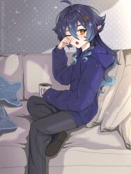 Rule 34 | 1girl, alternate costume, black pants, blue hair, blue hoodie, coffee cup, couch, cup, disposable cup, drill hair, genshin impact, hair between eyes, highres, holding, holding cup, hood, hoodie, layla (genshin impact), long hair, long sleeves, looking at viewer, multicolored hair, one eye closed, pants, pillow, pointy ears, solo, vickie (cryingrobot), waking up, yellow eyes