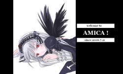 Rule 34 | 00s, 1girl, black dress, dress, frilled sleeves, frills, from side, hairband, lolita hairband, long sleeves, looking at viewer, looking to the side, red eyes, rozen maiden, silver hair, simple background, solo, sorethroat, suigintou, text focus, tsurime, upper body, white background