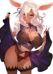 Rule 34 | 1girl, animal ears, black bra, black dress, black panties, black thighhighs, blue nails, blush, bra, braid, breasts, cleavage, clothes lift, contrapposto, covered erect nipples, cowboy shot, dark-skinned female, dark skin, dress, dress lift, final fantasy, final fantasy xiv, fingernails, floral print, frilled dress, frills, hair between eyes, hair ribbon, hands up, highres, large breasts, lifted by self, lingerie, long fingernails, long hair, looking at viewer, maid, maid headdress, mumere (9 xa9), nail polish, original, panties, partially unbuttoned, rabbit ears, red eyes, ribbon, sharp fingernails, simple background, single braid, sleeveless, solo, standing, thighhighs, thighs, underwear, v, warrior of light (ff14), white background, white hair