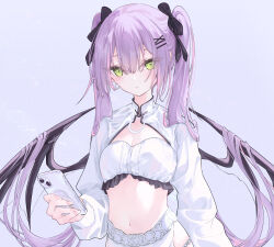 Rule 34 | 1girl, absurdres, alternate costume, black ribbon, breasts, cellphone, closed mouth, commentary request, earrings, green eyes, grey background, hair ribbon, hair tie, highres, holding, holding phone, hololive, jewelry, long hair, long sleeves, looking at viewer, murasaki shiro, navel, phone, purple hair, ribbon, simple background, small breasts, smartphone, solo, tokoyami towa, twintails, upper body, very long hair, virtual youtuber, white shrug, wings