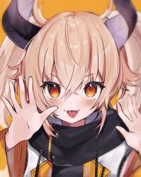 Rule 34 | 1girl, blush, hair between eyes, highres, horns, kagase uno, light brown hair, looking at viewer, maru ccy, orange background, orange eyes, simple background, solo, tongue, tongue out, twintails, upper body, versen, virtual youtuber