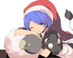 Rule 34 | 1girl, animal, bad id, bad twitter id, blue eyes, blue hair, doremy sweet, dress, hasebe yuusaku, hat, light smile, looking at viewer, lying, nightcap, one eye closed, pom pom (clothes), red hat, sheep, short sleeves, simple background, sketch, solo, tail, tapir tail, touhou, white background